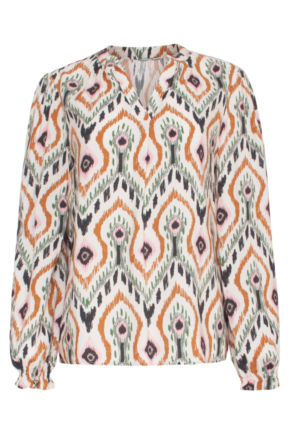 Blusa elegante donna, scollo a V profondo, maniche lunghe. Stampa tribale beige rosato, look casual chic.