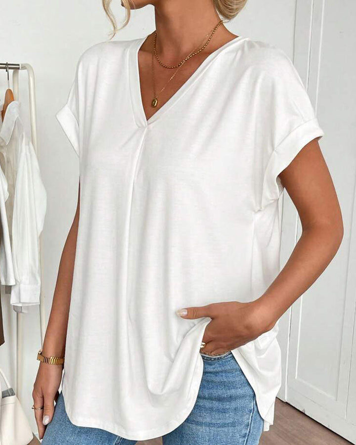 T-shirt donna patchwork comoda ed elegante, maniche corte e collo a V, perfetta per look casual estivi.