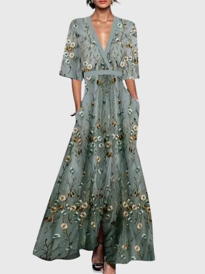 Abito da sera lungo floreale donna, stile versatile ed elegante per ospite di matrimonio o cerimonia autunnale.