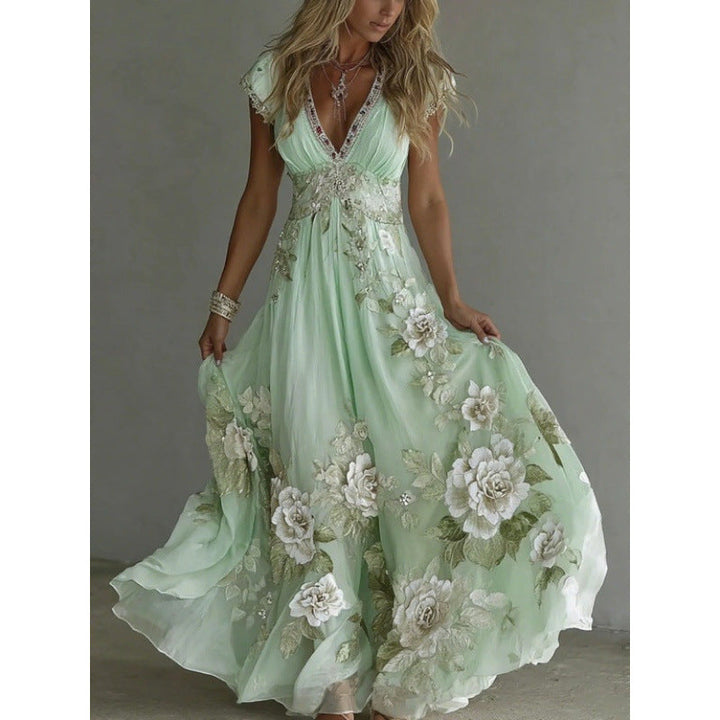 Abito da cerimonia lungo in chiffon donna, con pizzo ricamato floreale, ideale per feste e primavera.
