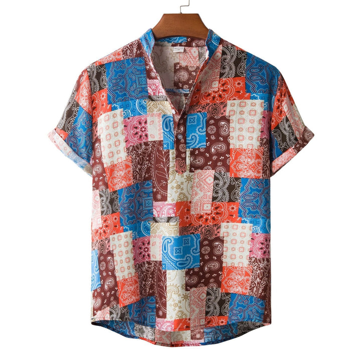 Elegante camicia da uomo estiva slim-fit con fantasiosa stampa bambù e colletto a revers.