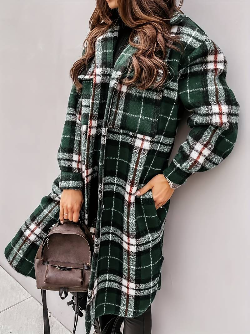 Cappotto lungo elegante donna a quadri, stile autunno inverno per look raffinati e caldi.