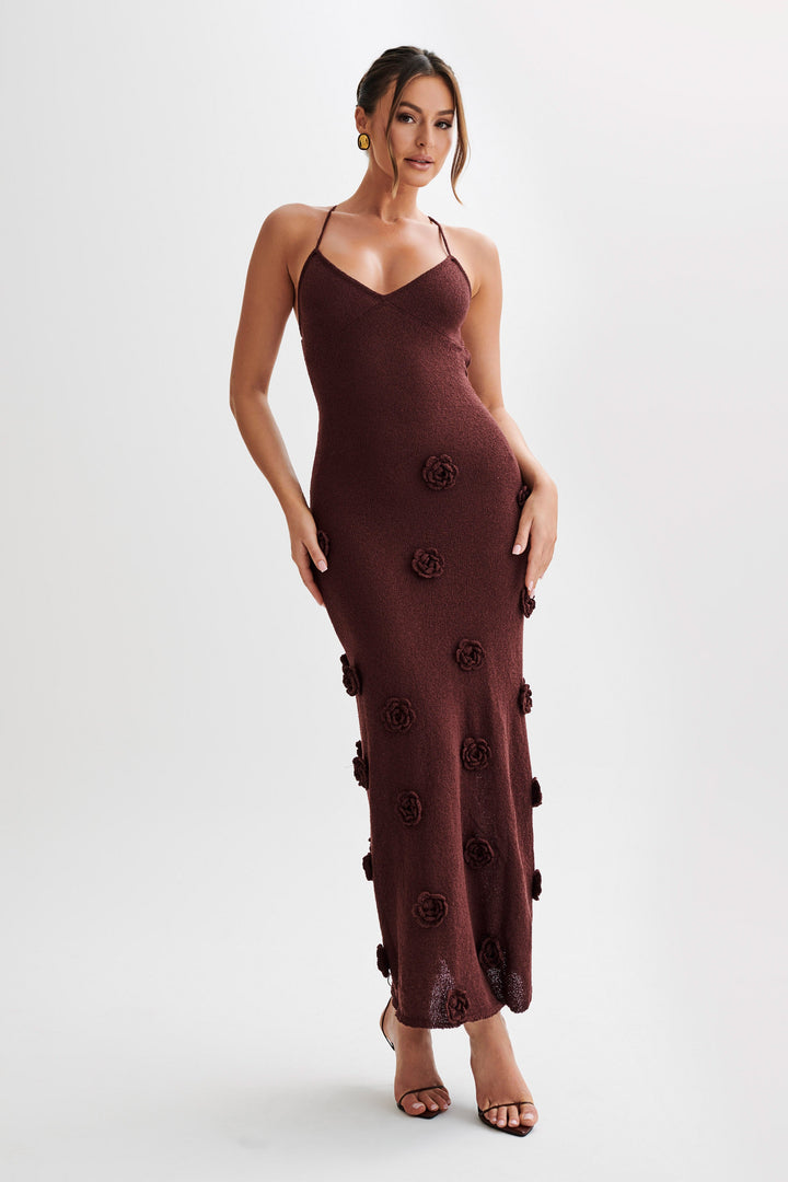 Abito lungo estivo donna casual in uncinetto, scollo a V, con dettagli floreali fatti a mano, per vacanza.
