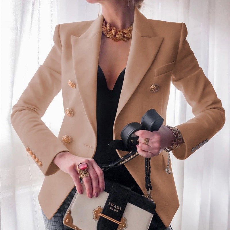 Blazer donna frontale, doppiopetto sartoriale slim-fit, ideale per l'ufficio o eventi formali.