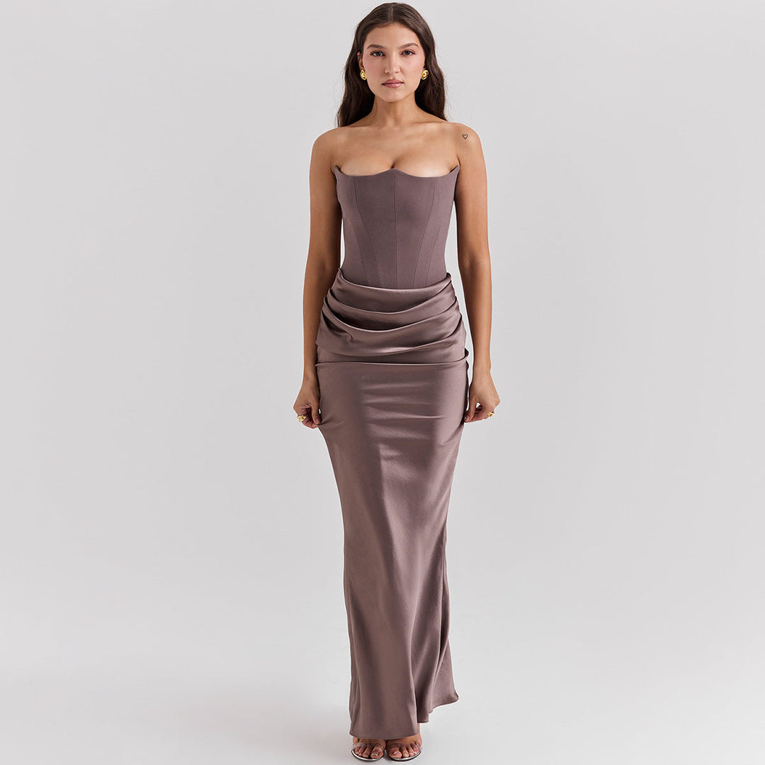 Vestito elegante da donna per cerimonie, lungo stile tubino senza spalline, primavera estate.