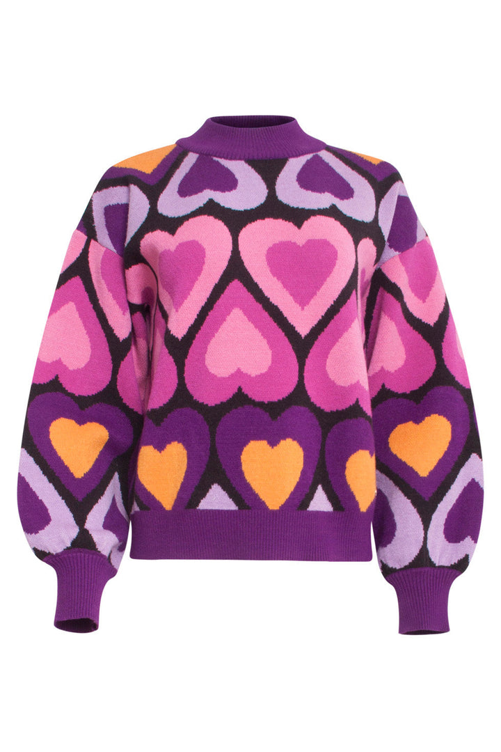 Camicia donna oversize multicolore con stampa cuori, collo alto a costine. Ideale per look casual autunno.