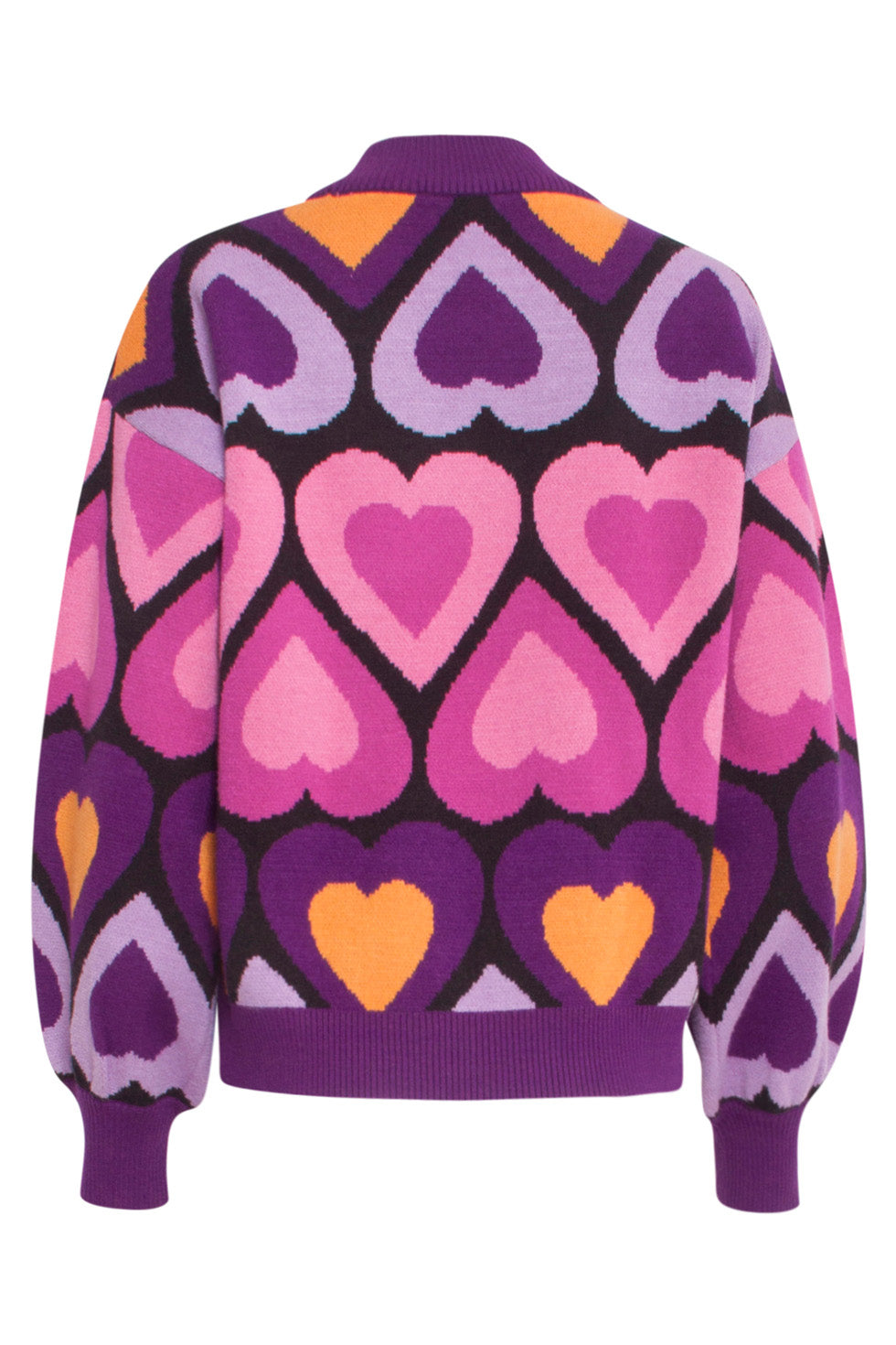 Camicia donna oversize multicolore con accattivante stampa cuori. Collo alto a costine, ideale per look casual.