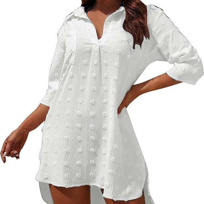 Vestito da spiaggia donna con maniche a tre quarti, protezione solare integrata, leggero e comodo per l'estate.
