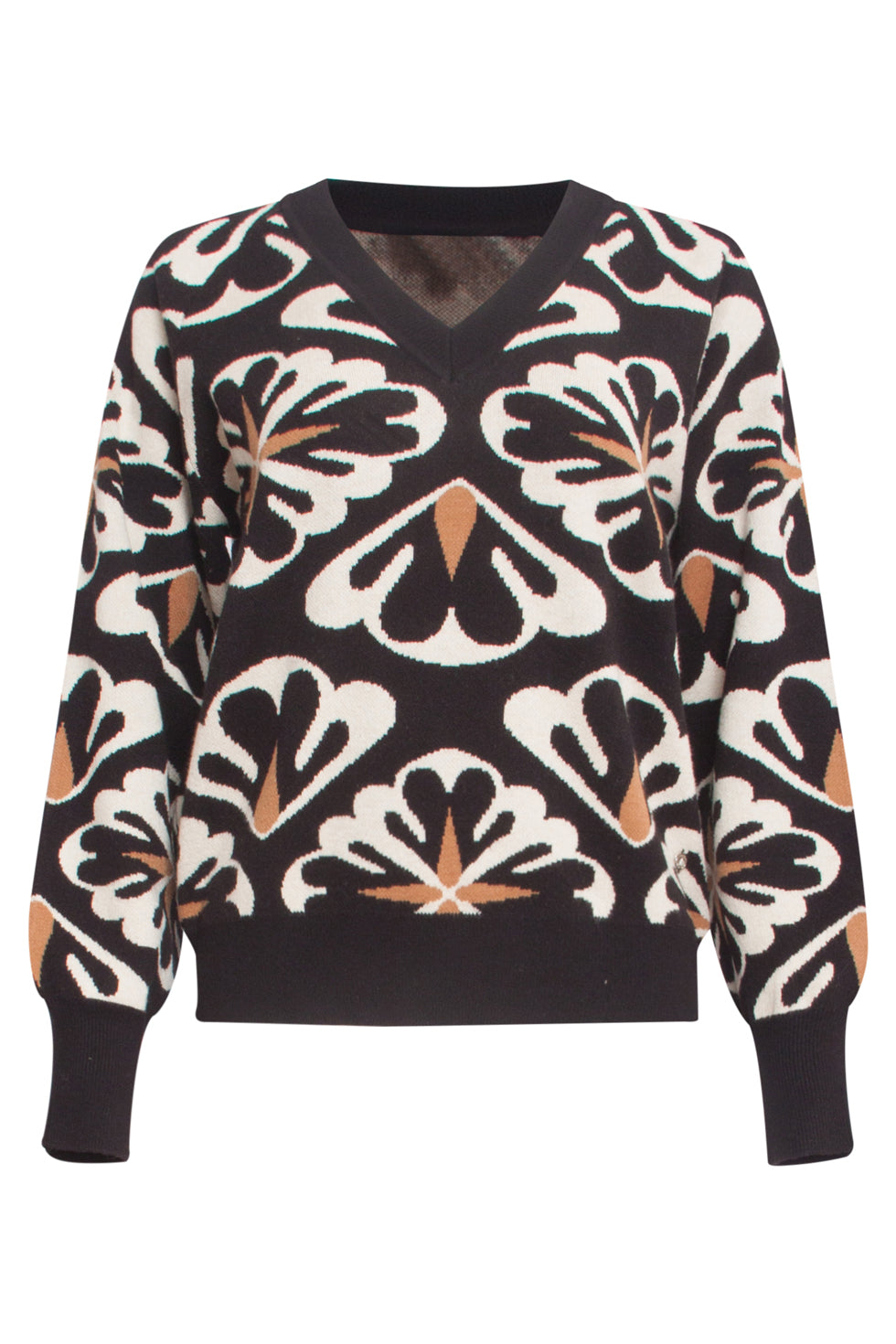 Versatile maglione donna oversize con vivace stampa floreale e scollo a V, ideale per un tocco di colore.