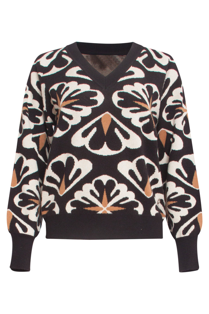 Versatile maglione donna oversize con vivace stampa floreale e scollo a V, ideale per un tocco di colore.