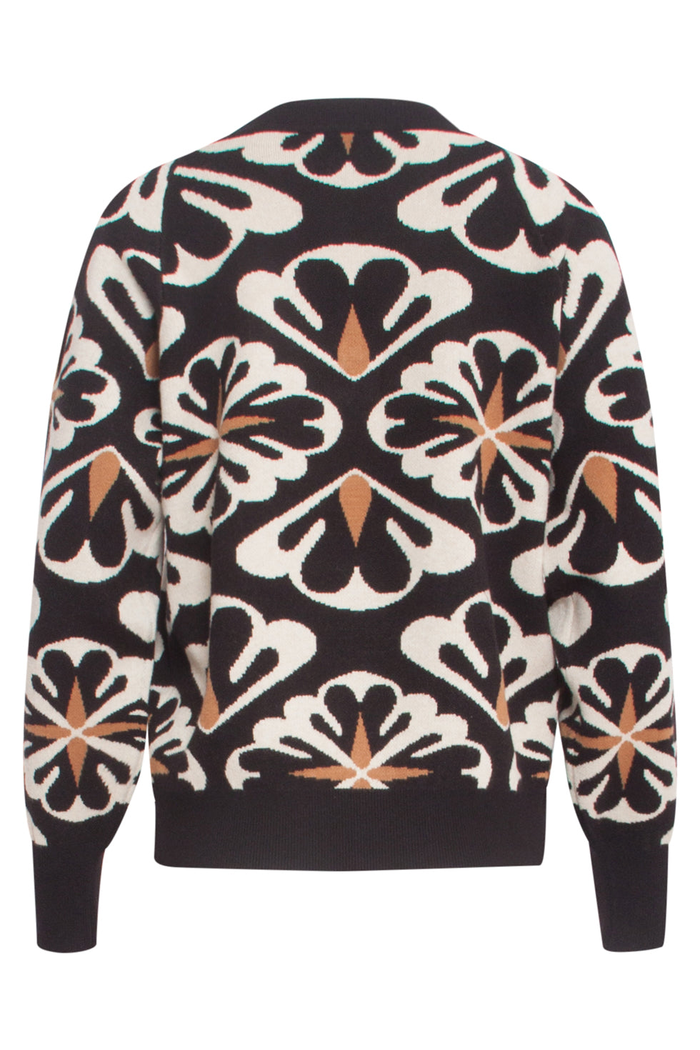 Donna in maglione oversize nero con stampa floreale e scollo a V, per un look elegante e comodo.