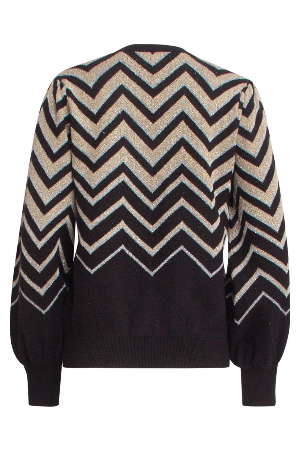 Camicia donna stampata con disegno zigzag geometrico e maniche a sbuffo. Perfetta per look casual eleganti.