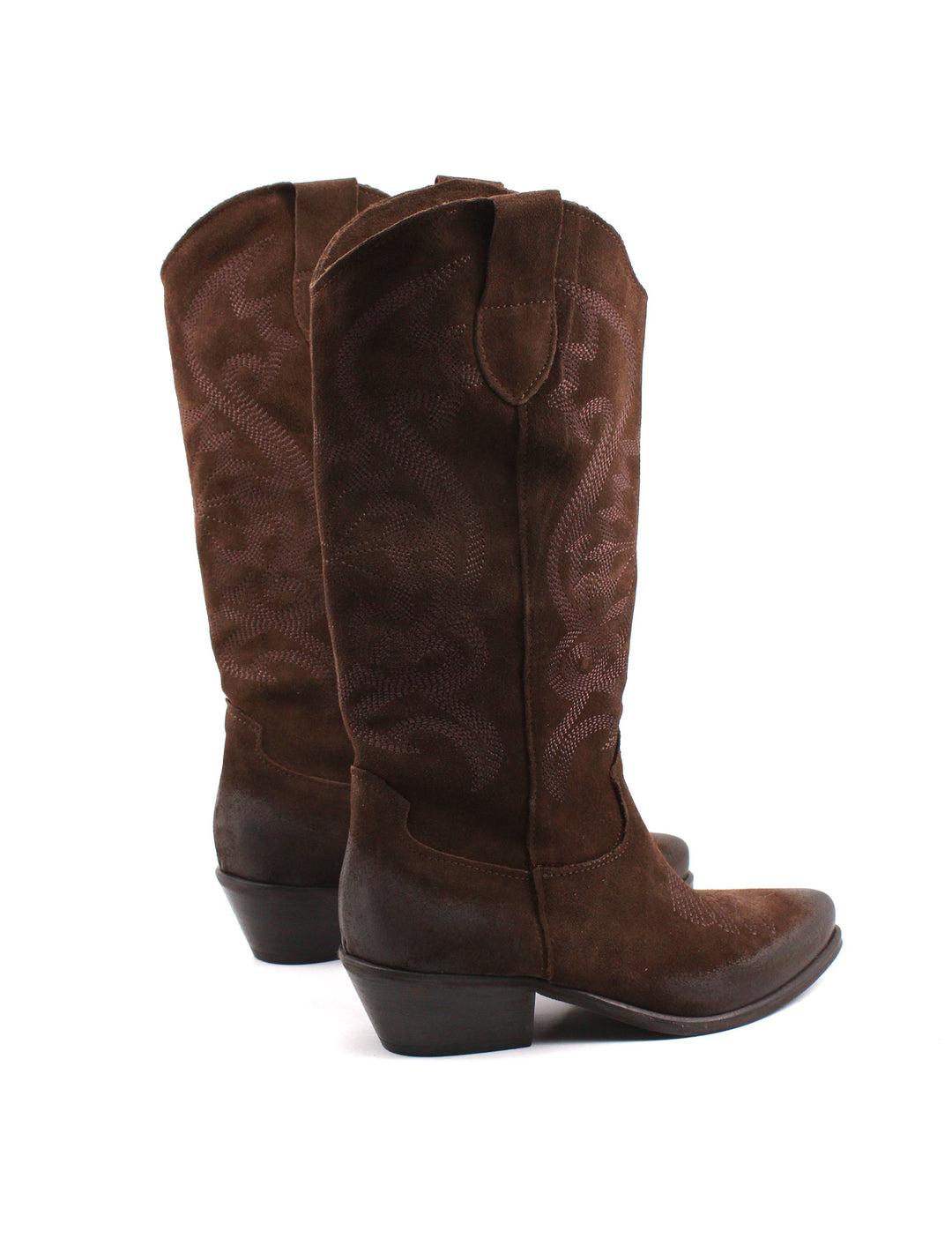 Stivali texani moda donna, pelle scamosciata marrone, tacco medio. Perfetti per outfit casual e di tendenza.