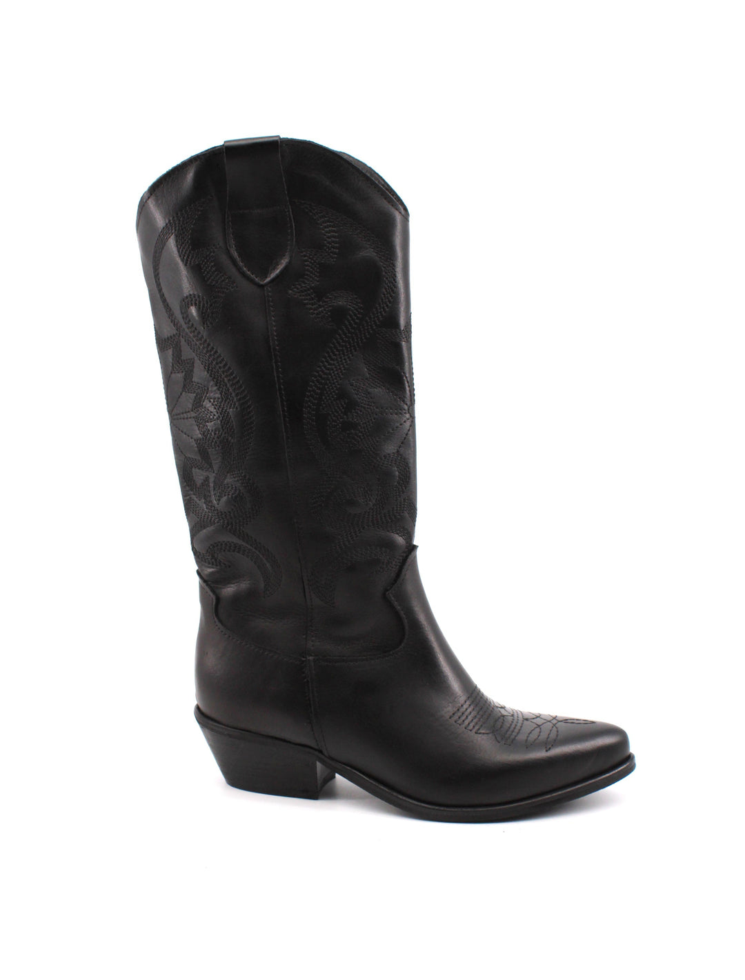 Eleganti stivali texani donna in pelle nera, perfetti per outfit autunno/inverno e stile moda western.