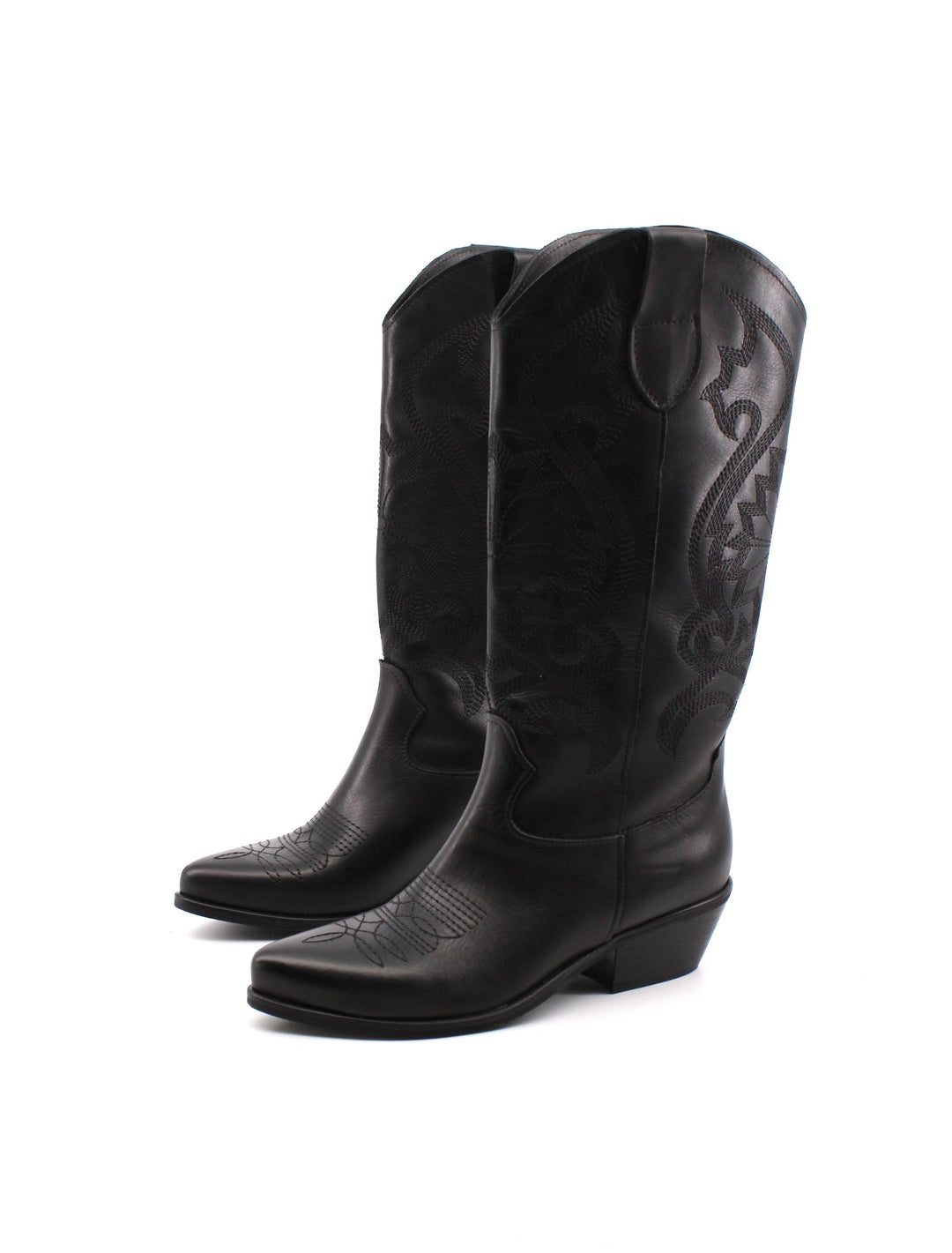 Primo piano stivali texani neri da donna, in vera pelle, con dettagli western e tacco comodo 4.5cm.