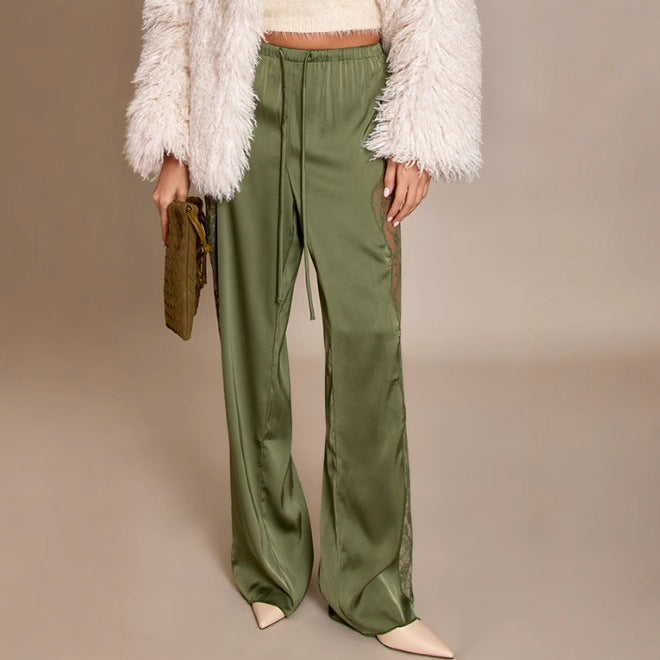 Pantaloni donna casual-eleganti in lino a vita alta, gamba larga, con pizzo. Ideali per estate e tempo libero.