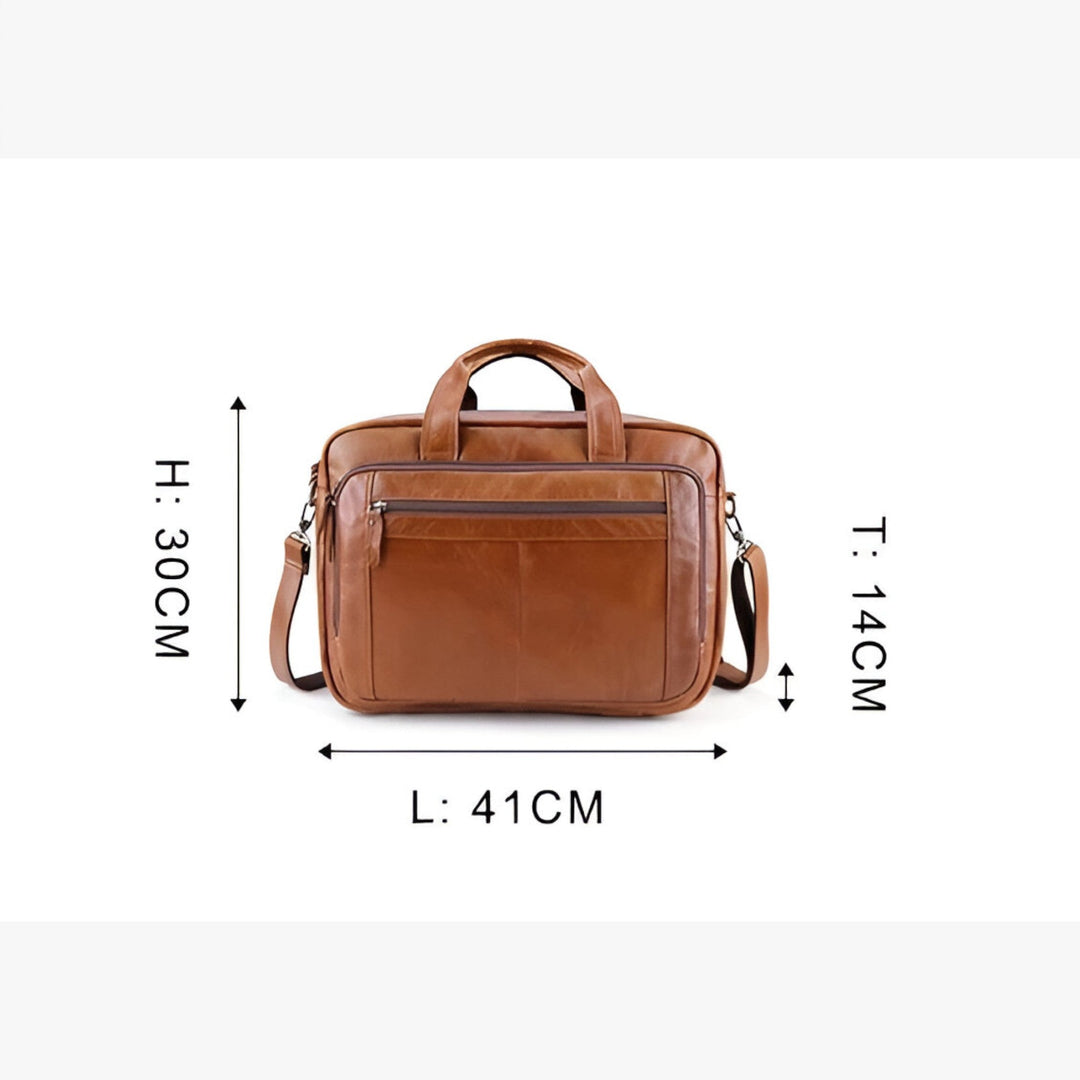 Elegante borsa marrone per uomo per documenti e laptop, con dettagli in metallo, ideale per professionisti.