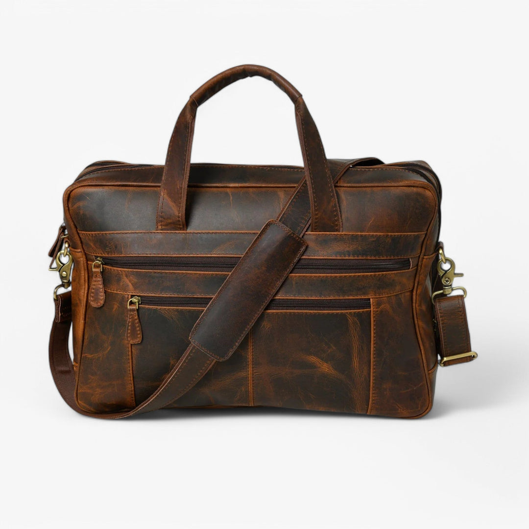 Borsa portadocumenti unisex marrone multiscomparto elegante per ufficio e viaggio.
