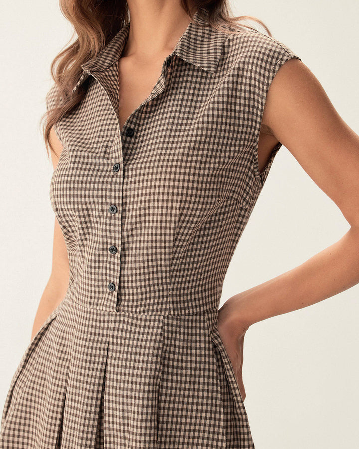 Vestito midi donna a quadri marrone, stile A-line, ideale per primavera/autunno, elegante e casual.
