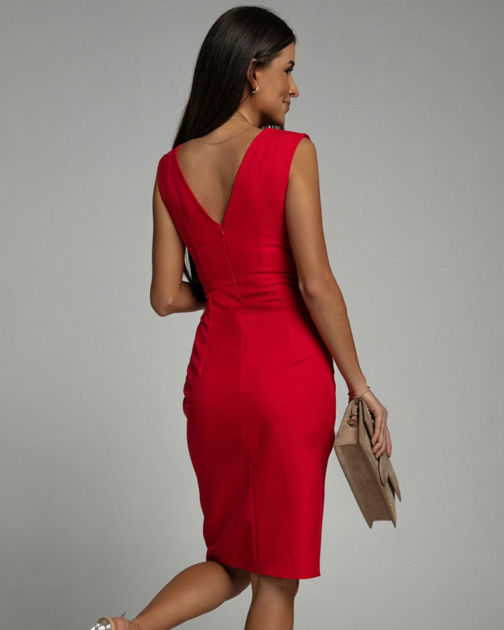 Elegante abito midi da sera per donna, scollo a V e spacco. Vestito aderente ideale per occasioni speciali.