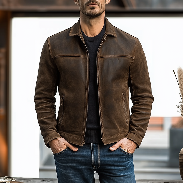 Giacca da uomo autunnale con cerniera, collo alla coreana. Perfetta per un look casual ed elegante.