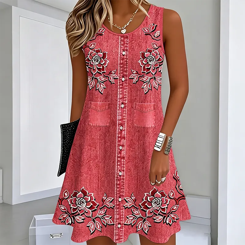 Abito donna estivo floreale con bottoni, design svasato e senza maniche, un capo di moda comodo e chic.