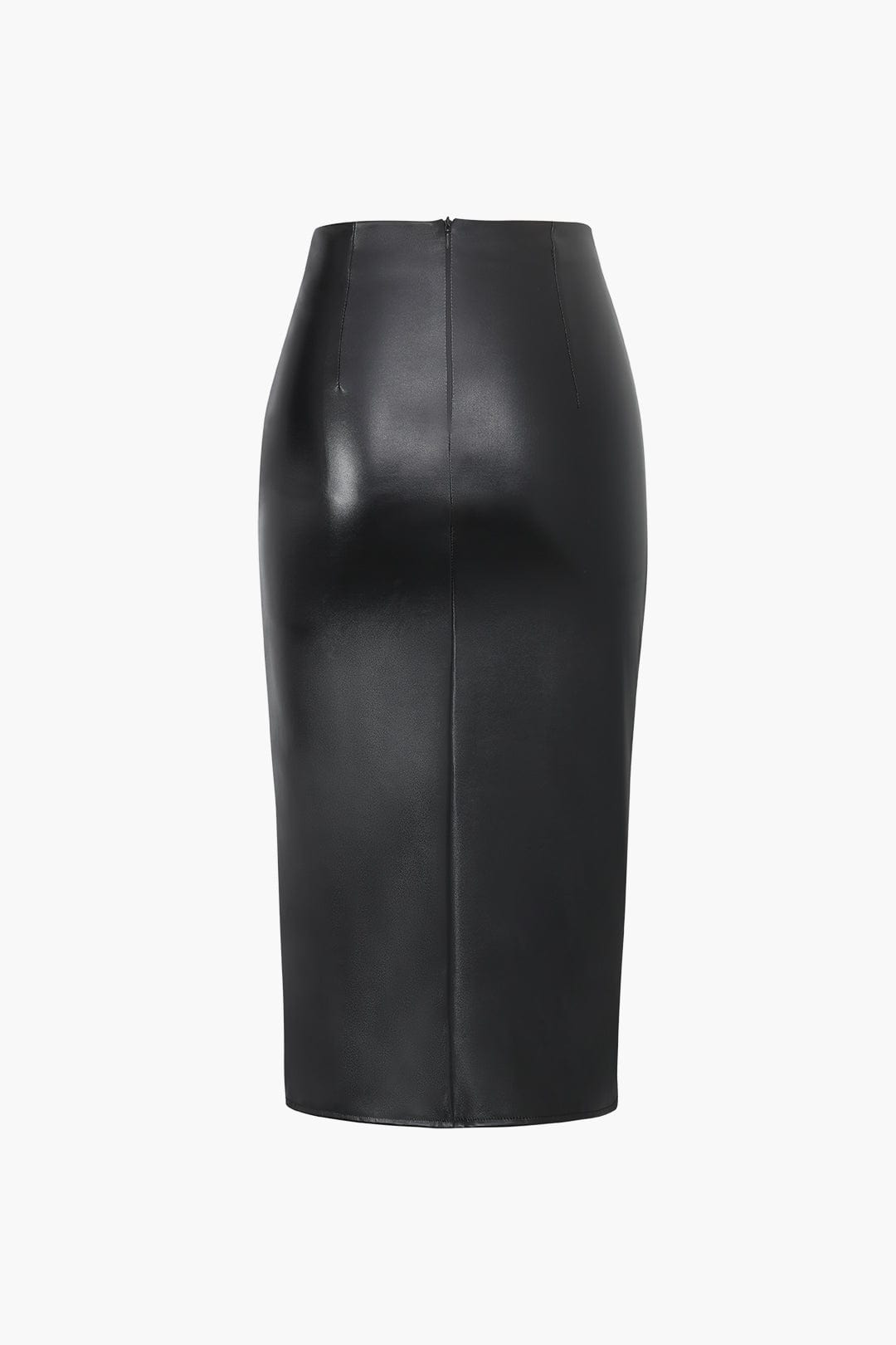 Gonna midi asimmetrica nera in pelle da donna, aderente e a vita alta, perfetta per outfit serali chic.