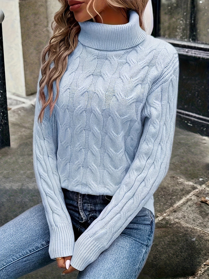 Maglione donna caldo a trecce, collo alto che protegge dal freddo.
