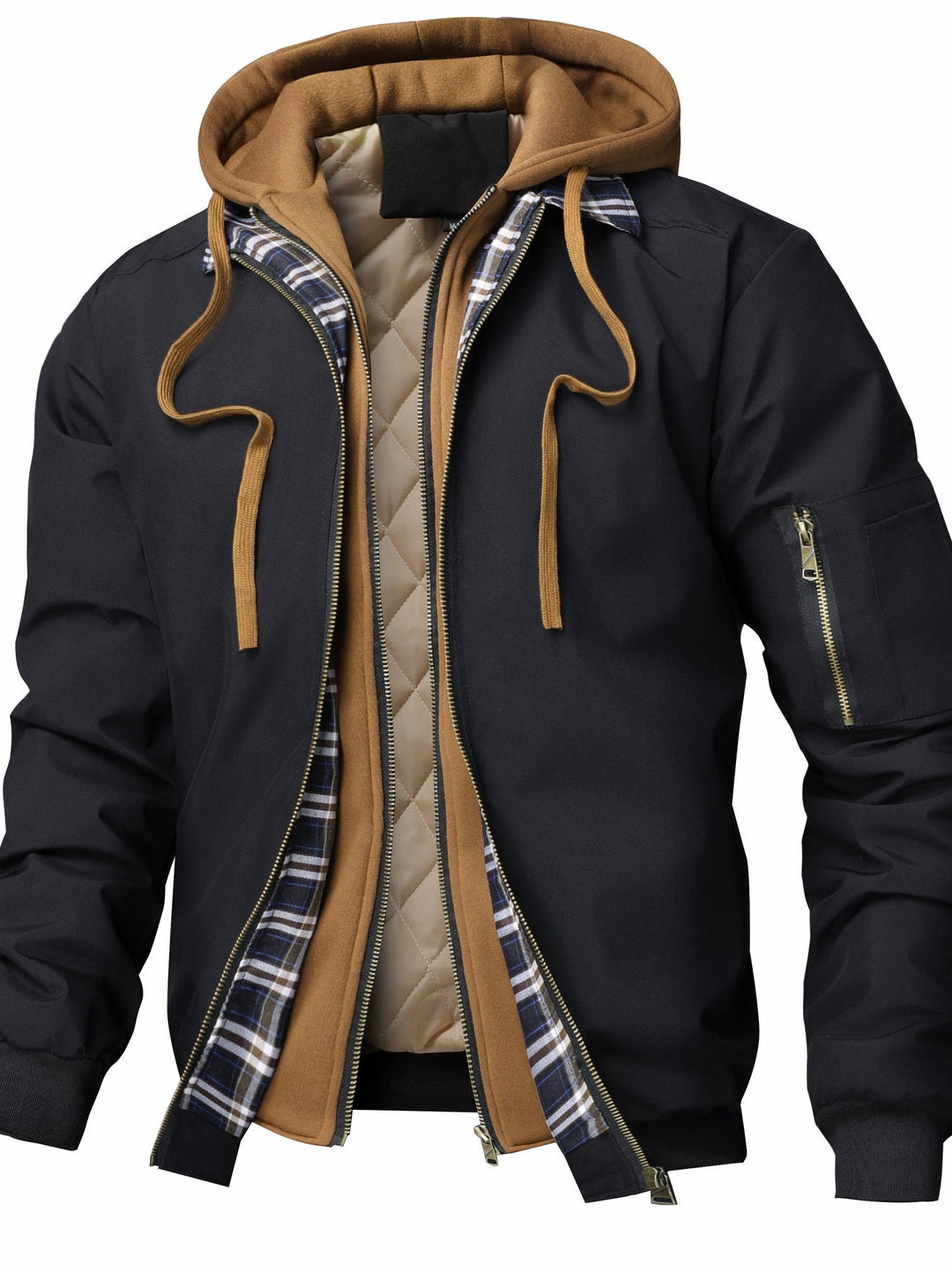 Giacca bomber uomo nera trapuntata con cappuccio, ideale per l'autunno. Stile casual e versatile.
