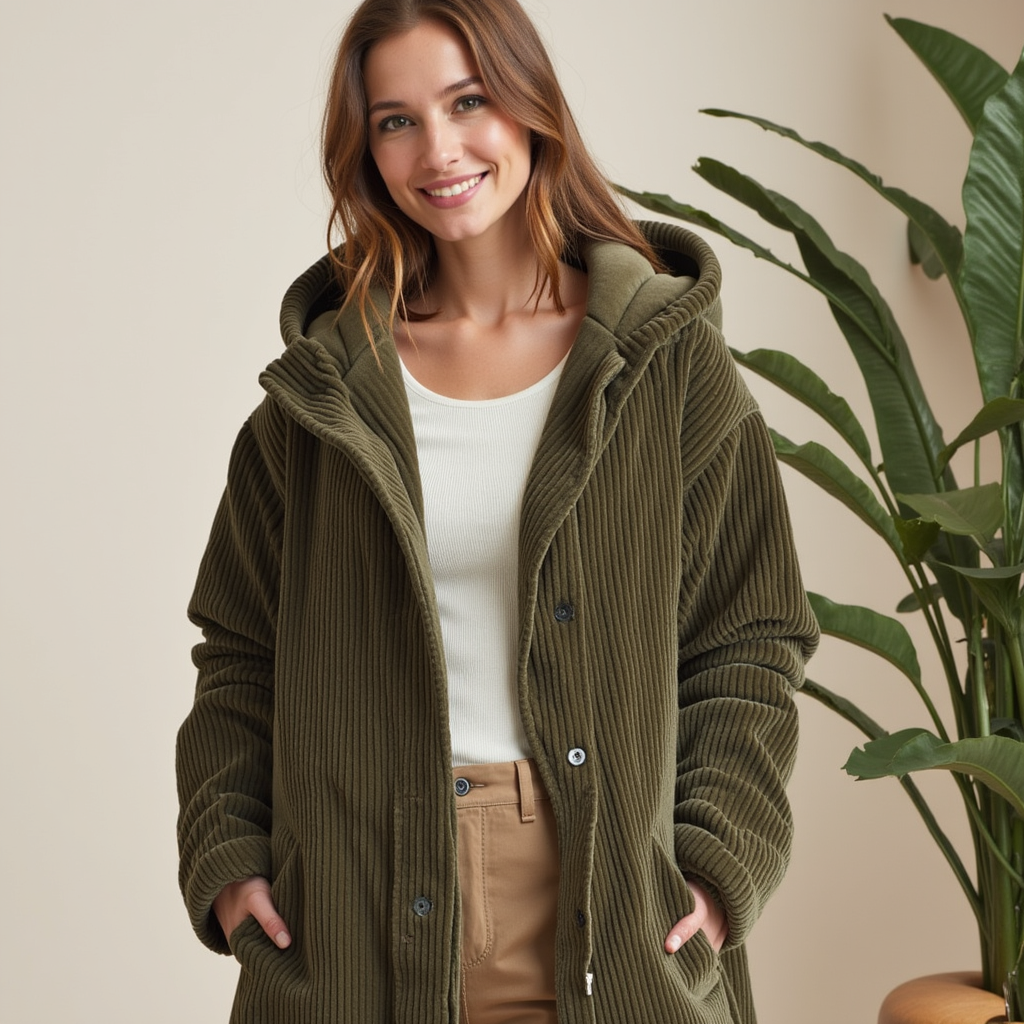Giacca donna a coste con cappuccio, calda e comoda. Perfetta per outfit autunno/inverno e stile casual versatile.