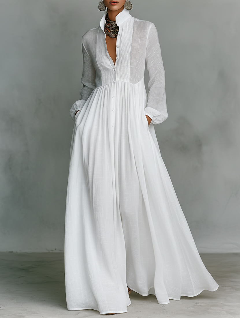 Abito maxi da donna elegante, fluido, con bottoni. Perfetto vestito lungo estivo per vacanze o casual chic.