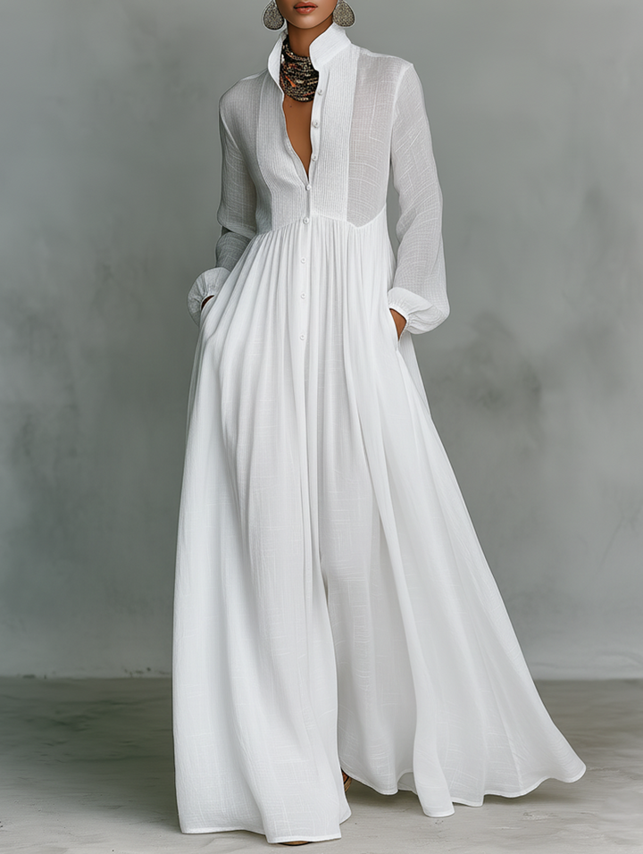 Abito maxi da donna elegante, fluido, con bottoni. Perfetto vestito lungo estivo per vacanze o casual chic.