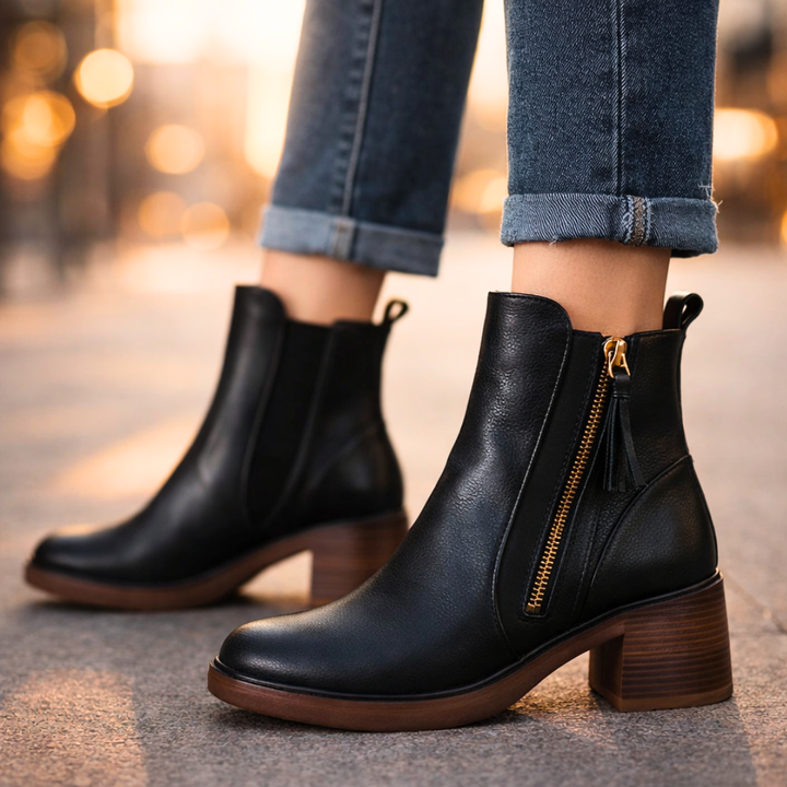 Stivaletti eleganti in pelle per donna con tacco, ideali per l'autunno inverno.