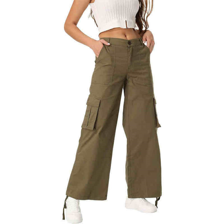 Pantaloni donna moderni a vita alta, gamba larga, con tasche. Perfetti per primavera/autunno, look versatile.