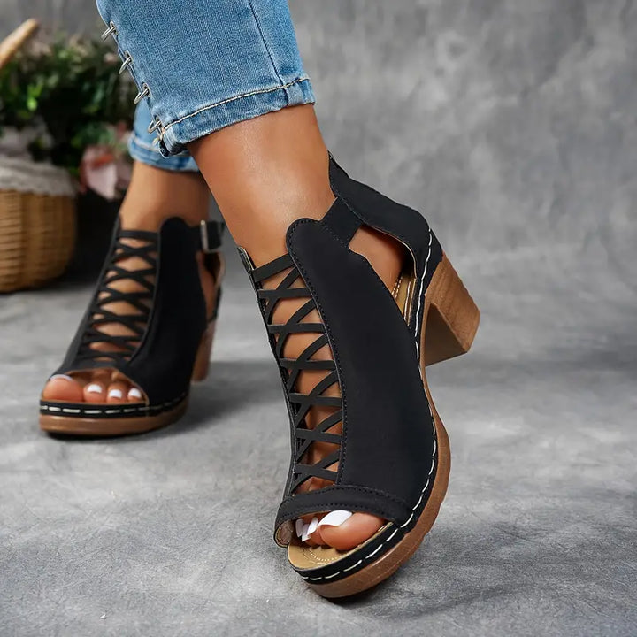 Sandali donna estivi marroni, blu, neri, bianchi con tacco, eleganti, punta aperta, fibbia.