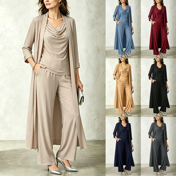 Set donna 3 pezzi: cardigan lungo, top e pantaloni coordinati. Abbigliamento comodo e versatile.