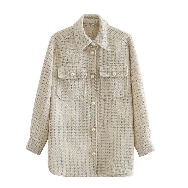 Camicia donna a quadri oversize manica lunga nero/beige, perfetta per look casual autunnali. Moda donna versatile.