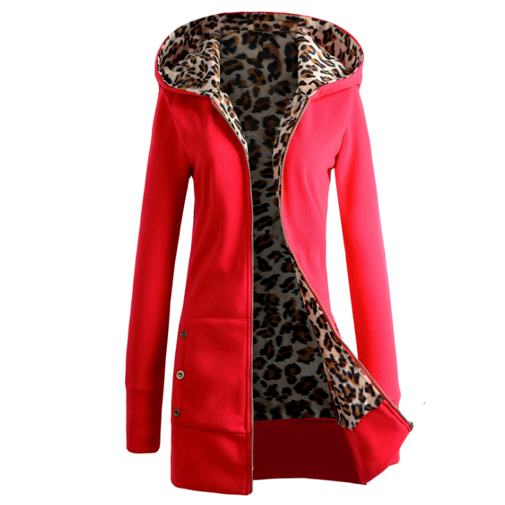 Giacca invernale da donna leopardata, calda ed elegante, con cappuccio. Ideale per outfit alla moda e l'esterno.