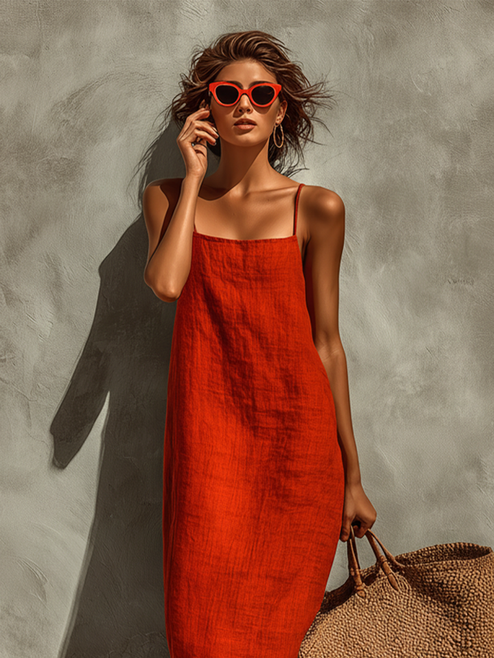 Abito estivo boho rosso in lino per donna, spalline sottili, ideale per look casual chic in vacanza.