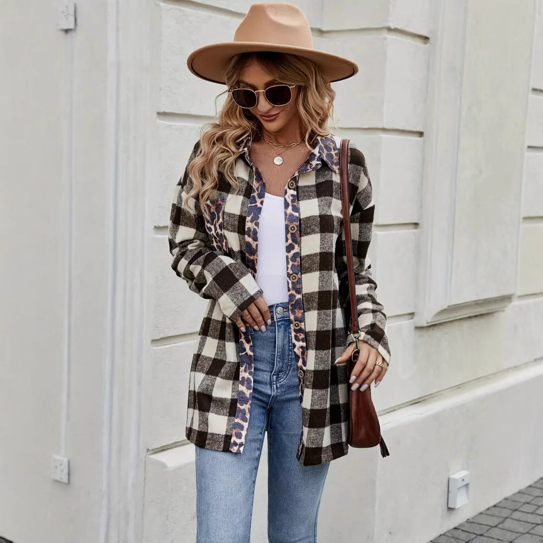 Camicia donna manica lunga con stampa quadri e animalier a contrasto, perfetta per outfit casual chic autunnali.
