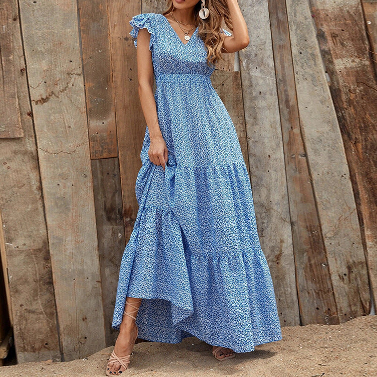 Abito estivo floreale da donna, stile bohemien, con scollo a V. Perfetto per una passeggiata in vacanza.