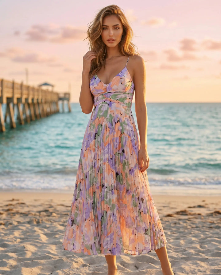 Abito midi floreale donna elegante, leggero, con scollo a V, perfetto per l'estate e le vacanze.