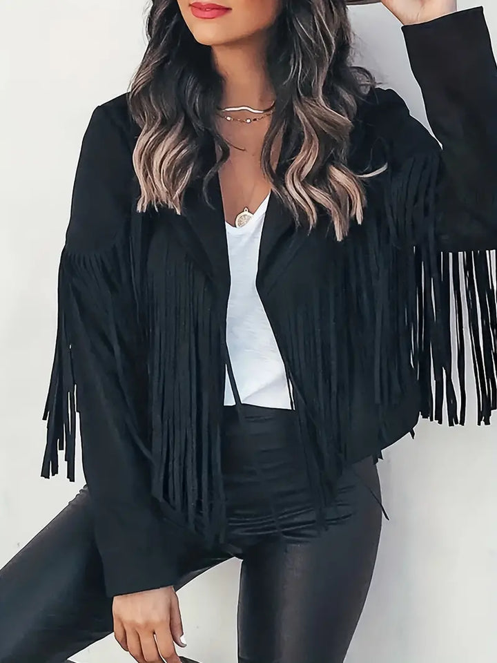 Elegante giacca donna con frange, stile rétro autunnale. Aggiungi un tocco distintivo al tuo abbigliamento femminile.
