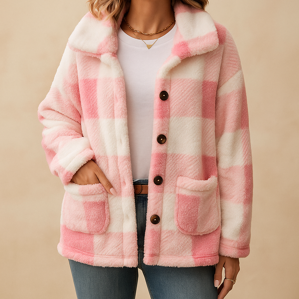 Giacca donna invernale elegante a quadri, con pratici bottoni a pressione. Ideale per abbigliamento freddo e moda donna.