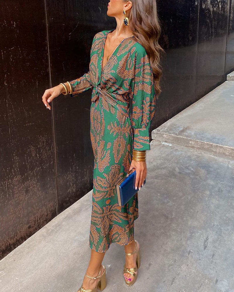 Vestito da sera lungo da donna elegante con scollo a V e nodo. Ideale per feste e occasioni speciali.