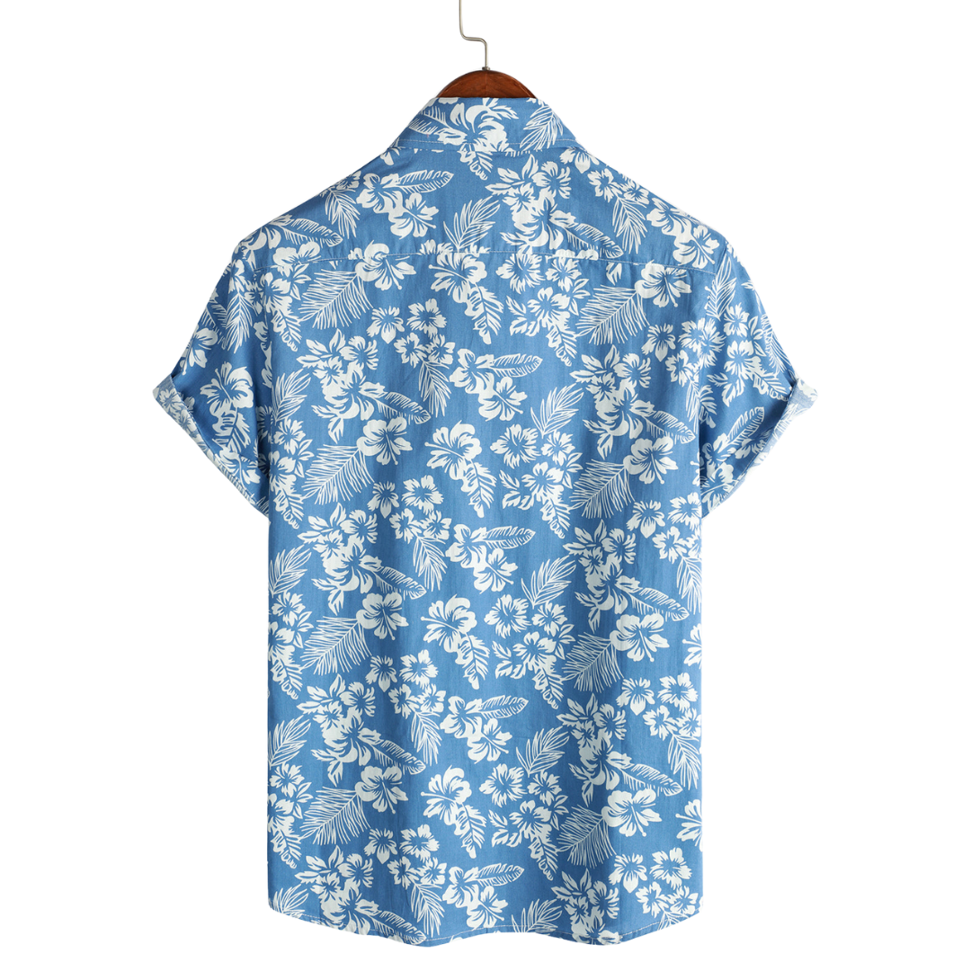 Camicia estiva da uomo con stampa floreale tropicale, maniche corte, stile casual per spiaggia.