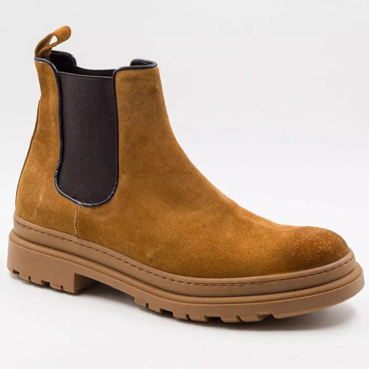 Calzature uomo eleganti: stivaletti Chelsea rialzati 7cm cammello, ideali per un aumento altezza discreto.