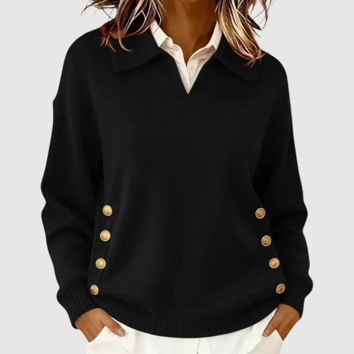 Maglione donna elegante autunno/inverno, maniche lunghe e collo a bottoni. Per un outfit moda donna sofisticato.