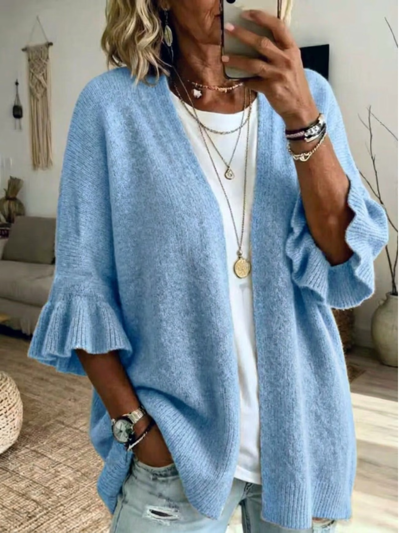 Cardigan donna aperto casual chic versatile, maniche a volant eleganti. Ideale per primavera e autunno, moda comfort.