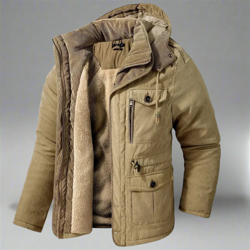 Giacca parka uomo grigio, calda e antivento con cappuccio. Impermeabile, ideale per l'inverno, outdoor e viaggio.